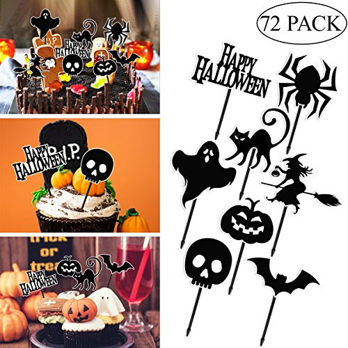 Amosfun 72pcs Halloween Cupcake Toppers Halloween Cake Toppers Pumpkin Cupcake Picks Spider Fruits Picks for Halloween Party Decorations Party Supplies