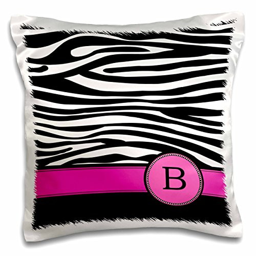 3dRose Letter B Monogrammed black and White Zebra Stripes Animal Print with Hot Pink Personalized Initial-Pillow Case, 16 by 16" (pc_154273_1)