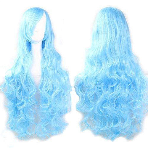 ANOGOL Vocaloid Blue Curly Costume Wig for Halloween Paty Long Curly Cosplay Wig for Kids