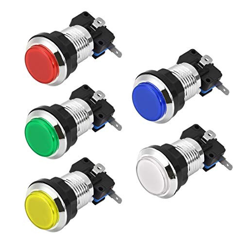 uxcell Game Push Button 33mm Round 12V LED Illuminated Push Button Switch with Micro Switch for Arcade Video Games 5 Colors 5pcs