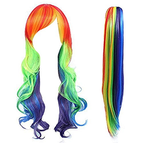 Anogol Hair Cap Long Wavy Cosplay Wigs for Bar Party Halloween Costume with One Ponytail