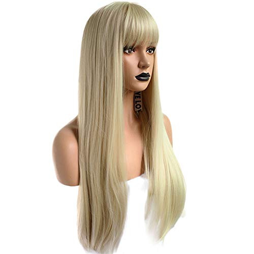 Anogol Hair Cap Blonde 613 Wig Synthetic Hair With Bangs Fringe Long Natural Wavy Wigs For Women