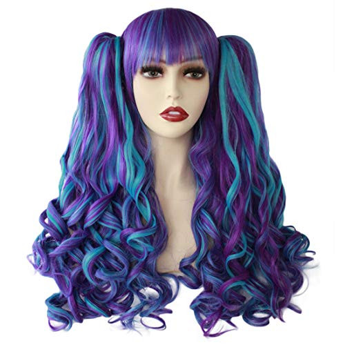 JoneTing Blue Wigs for Women Synthetic Hair Wig with Lolita Cosplay Wig Mix Purple Wig with Bangs