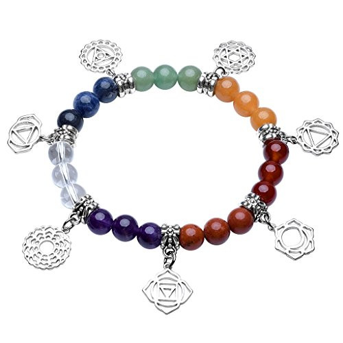 Top Plaza 7 Chakra Healing Bracelets with Real Stones Mala Yoga Meditation Bracelets for Protection Energy Healing 7 Chakra Symbols Charms