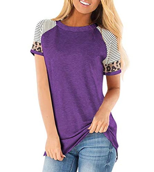 Womens Round Neck Tee Tops Color Block Stripe T Shirts Short Sleeve Loose Casual Fit Tunic Top Baggy Comfy Blouse Purple S