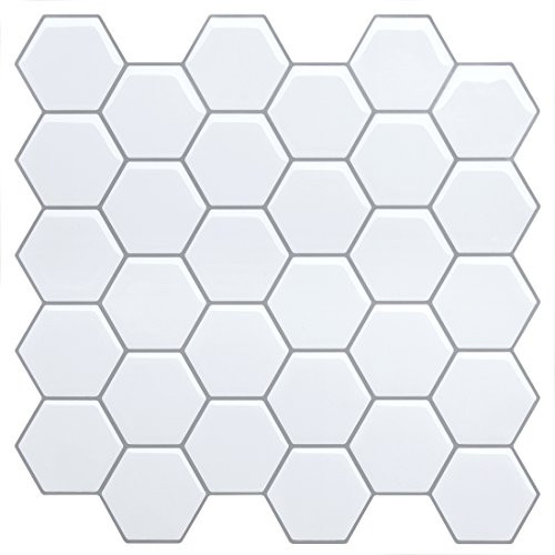FAMSTICKTILES Peel and Stick Tile Backsplash for Kitchen White Adhesive Hexagon Tile Backsplash Peel and Stick Wall Stickers 105   x 105    4 Sheets
