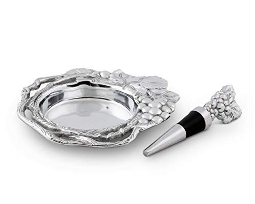 Arthur Court Designs AluminumGrape Wine Coaster and Bottle Stopper Set Sandcast Artisan Metal 675  Diameter