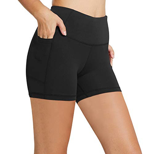 BALEAF Women s 5  High Waist Workout Yoga Running Compression Exercise Volleyball Shorts Side Pockets Black S