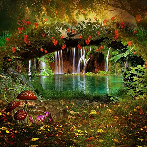 Leowefowa Spring Waterfall Backdrop For Photography 5x5ft Vinyl Fairytale Wonderland Arch Bridge Riverside Mushrooms Background Children Play Kids Baby Portrait Shoot Photo Booth Wallpaper Bday Banner