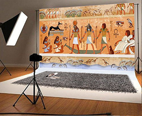 Laeacco 7x5FT Vinyl Backdrop Photography Background Ancient Egypt Mythology Egyptian Gods and Pharaohs Hieroglyphic Carvings Wall Ancient Temple Background Murals Adult Photo Portrait Shoot Prop