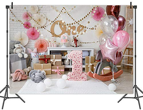 Happy 1st First Birthday Photography Backdrop for Little Girl Baby Cake Smash Photography One Year Old Photo Background Booth Studio Cake Table Backdrops 5x3ft