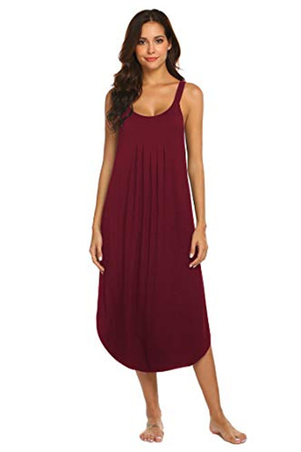 Ekouaer Nightgowns for Women Night Shirt Sleeveless Sleepwear Sleep Dress Cotton Sleepshirt  Wine Red XL