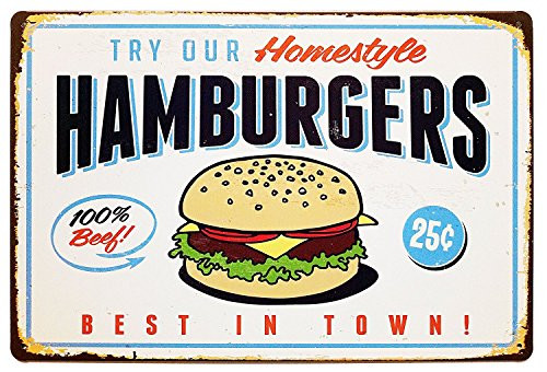 AiYahoo Retro Metal Sign with Best in Town Hamburgers Vintage Tin Signs for Home Decoration 8"x12"