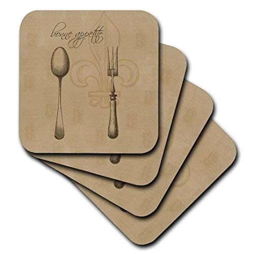 3dRose Fleur de lis Bonne Appetite Fork and Spoon Vintage Kitchen Art   Soft Coasters set of 8