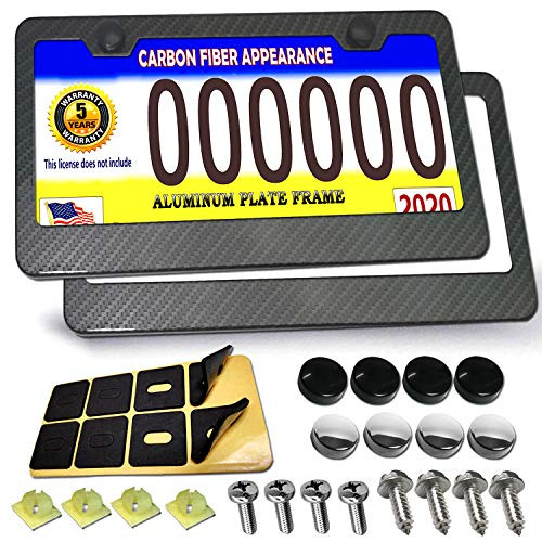 PUQIN AUTO License Plate Frame Carbon Fiber  Black Aluminum Plate Frame and License Plate Frames Screws with Screw Caps  Carbon Fiber Frame 2PC