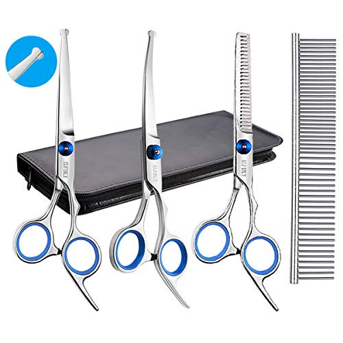 Elfirly Dog Grooming Scissors with Safety Round Tip Straight Curved Scissors Thinning Shears and Comb for Dogs Grooming Stainless Steel Pet Hair Trimming Scissors Kit for Dogs and Cats Elfirly Dog Grooming Scissors with Safety Round Tip Straight Curved Scissors Thinning Shears and Comb for Dogs Grooming Stainless Steel Pet Hair Trimming Scissors Kit for Dogs and Cats