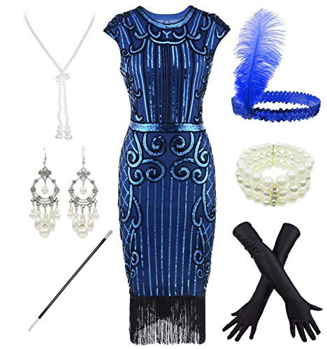 Women s 1920s Sequins Flapper Gatsby Cocktail Dress with 20s Headband Accessories Set  L Blue