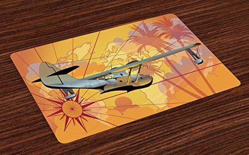 Lunarable Vintage Airplane Place Mats Set of 4 Tropical Trees Compass and World Map Background in Warm Tones and Plane Washable Fabric Placemats for Dining Table Standard Size Orange Mauve