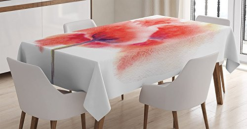 Ambesonne Watercolor Flower Tablecloth Faded Blooming Poppy Flower on Plain Background Romantic Artwork Print Rectangular Table Cover for Dining Room Kitchen Decor 60  X 90  White Red