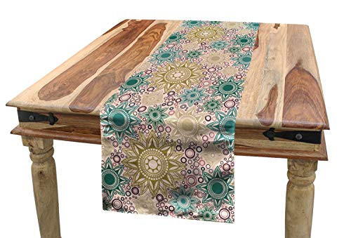 Ambesonne Mandala Table Runner Oriental Floral Pattern with Circles Background Middle Inspirations Dining Room Kitchen Rectangular Runner 16  X 120  Tan Teal