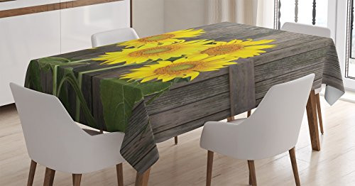 Ambesonne Sunflower Tablecloth Helianthus Sunflowers Against Weathered Aged Fence Summer Garden Photo Rectangular Table Cover for Dining Room Kitchen Decor 60  X 84  Brown Yellow