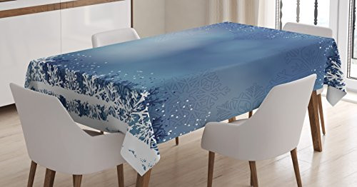 Lunarable Snowflake Tablecloth Winter Illustration Snow Frame Abstract Oval Shaped Seasonal Background Rectangular Table Cover for Dining Room Kitchen Decor 60  X 90  Night Blue