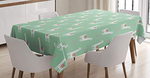 Ambesonne Llama Tablecloth Llama with Candy Cane Hearts Fun Pattern on Mint Green Background Dining Room Kitchen Rectangular Table Cover 52  X 70  Mint Green