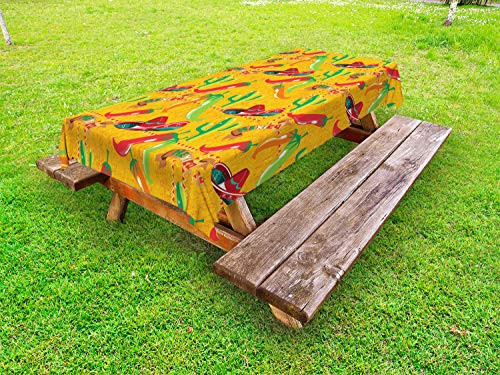 Lunarable Mexican Outdoor Tablecloth Elements with Cactus Hat and Chili Pepper Pattern Over Grunge Background Print Decorative Washable Picnic Table Cloth 58  X 104  Dark Yellow