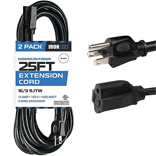 2 Pack of 25 Ft Outdoor Extension Cords   16 3 Durable Black 3 Prong Extension Cord Pack