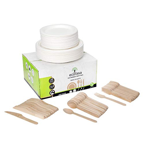 ecorasa   250pcs Eco Friendly and Disposable Bulk Party Pack   Includes Bio Degradable Premium Party Plates  White  with Elegant and Sturdy Wooden Cutlery for Special Events like Wedding for 50 Guests