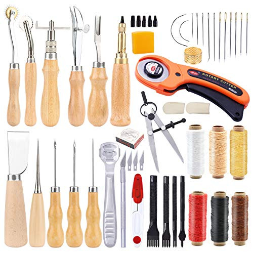 53 Pieces Beginners Leather Work Tools Leather Working Kit with Instructions Leather Groover Awls Prong Punch and Other Tools for Leather Working Leather Tool Kit