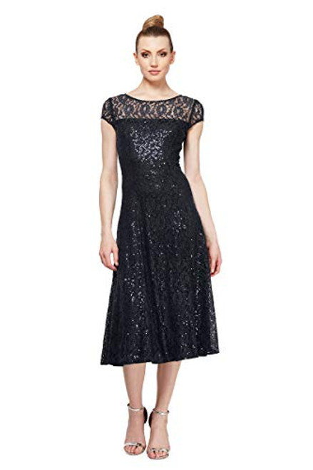 SL Fashions Women s Fit and Flare Dress Black Sequin lace 12