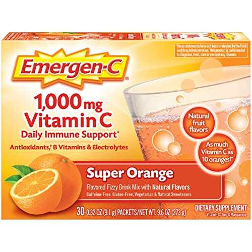 Emergen C 1000mg Vitamin C Powder with Antioxidants B Vitamins and Electrolytes Vitamin C Supplements for Immune Support Caffeine Free Fizzy Drink Mix Super Orange Flavor   30 Count 1 Month Supply