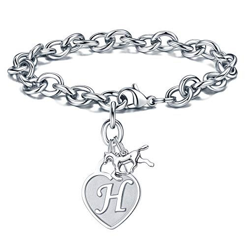 Turandoss Charm Bracelets for Women Horse Gifts Engraved Letter H Initial Bracelet Stainless Steel Womens Tiny Heart Letter Charm Bracelet Adjustable Birthday Jewelry Gifts for Her Horse Bracelet