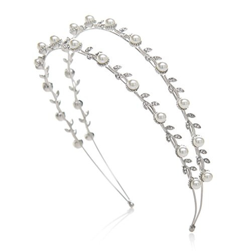 SWEETV Pearl Wedding Headband Silver Double Band Bridal Headpieces Crystal Tiara Women Hair Accessories for Women SWEETV Pearl Wedding Headband Silver Double Band Bridal Headpieces Crystal Tiara Women Hair Accessories for Women