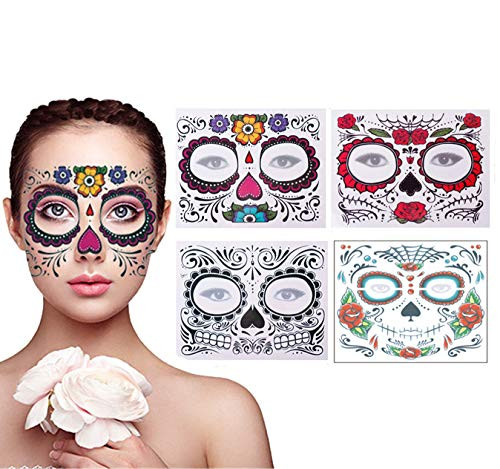 4 Pack Day of The Dead Sugar Skull Face Temporary Tattoo Halloween Makeup Tattoo Stickers for Halloween Masquerade Party Floral Red RosesBlack and Floral Skeleton