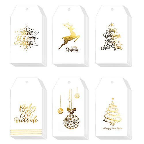 Whaline 120 Pcs Christmas Gold Foil Paper Gift Tags Holiday Hang Name Tags Label with Twine for DIY Xmas Present Happy New Year Party Decoration