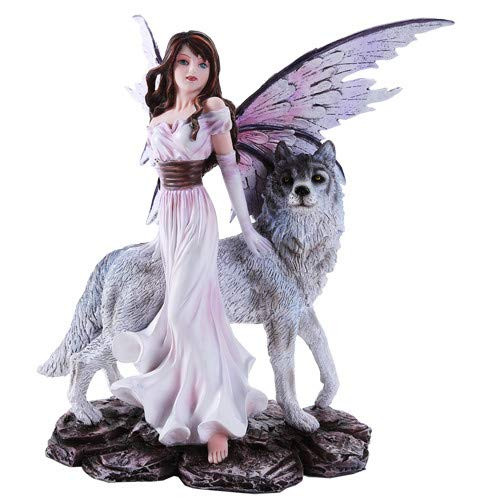 Pacific Giftware Purple Winged Fairy with Lone Wolf 105 Inch Collectible Figurine