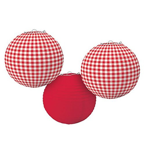 Amscan Delightful Picnic Party Red Plaid Round Lanterns Decoration, Paper, 9.5", Pack of 3