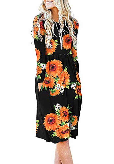 DB MOON Women Casual Long Sleeve Dresses Empire Waist Loose Dress with Pockets  Flower Sun Black M DB MOON Women Casual Long Sleeve Dresses Empire Waist Loose Dress with Pockets  Flower Sun Black M