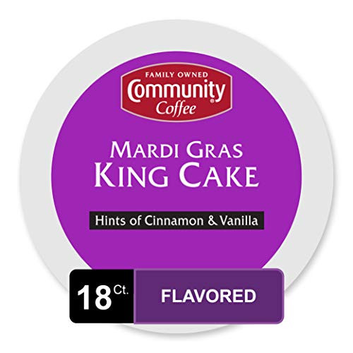 Community Coffee Mardi Gras King Cake Flavored Medium Roast Single Serve 18 Ct Box, Compatible with Keurig 2.0 K Cup Brewers, Medium Full Body Hints of Cinnamon and Vanilla, 100% Arabica Coffee Beans