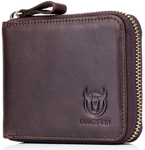 Mens Genuine Leather Zipper Wallet RFID Blocking Bifold brown Size Small