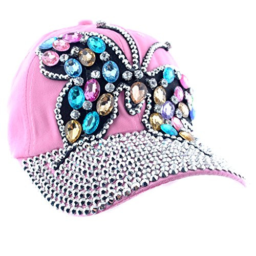 Elonmo Cute Big Butterfly Baseball Cap Jewel Rhinestone Bling Hats Jeans Wash Denim  Pink