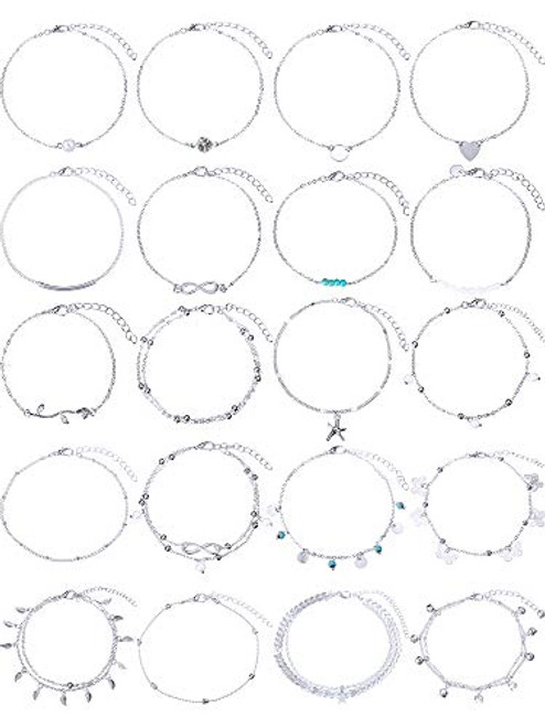 20 Pieces Adjustable Beach Foot Chain Anklet Bracelet Ankle Chains Foot Jewelry Set for Women Girls  Silver