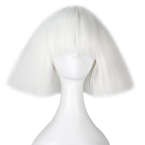 iCos Short Kinky Straight Hair Fluffy Bob Wig with Bangs Punk Halloween Cosplay Costume Wig  White