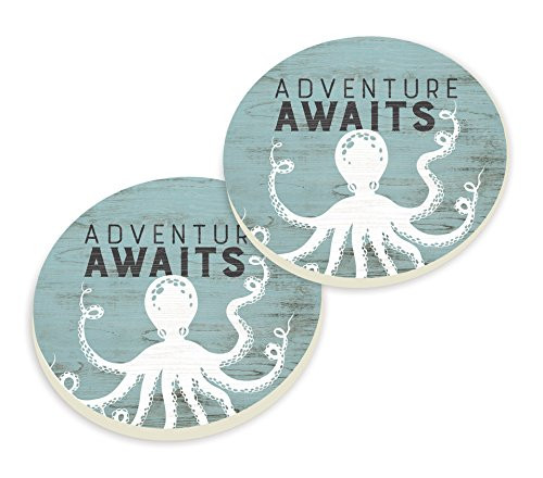 P Graham Dunn Adventure Awaits Octopus Teal Wood Distressed 3 x 3 Ceramic Car Coasters 2 Pack