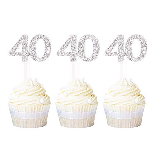 Ercadio Numbers 40 Cupcake Toppers Silver Glitter 40th Birthday Cupcake Picks Anniversary Party Decoration Supplies 24 PCS
