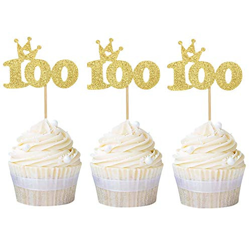 Ercadio 24 Pack Number 100 Cupcake Toppers Gold Glitter 100th Cupcake Picks Birthday Party Cake Decoration Supplies