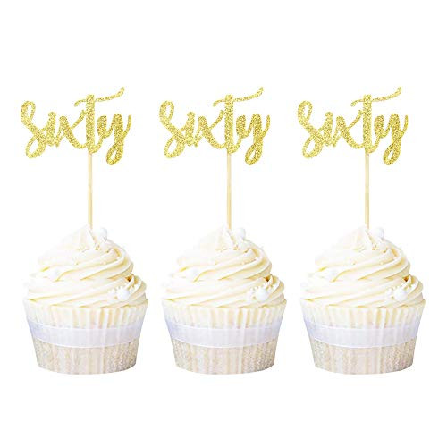 Ercadio 24 Pack Sixty Cupcake Toppers Gold Glitter Letter 60 Cupcake Picks 60th Birthday Anniversary Party Cake Decoration