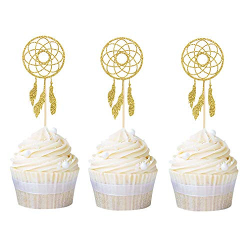 Ercadio 24 Pack Dream Catcher Cupcake Toppers Gold Glitter Cupcake Picks Baby Shower Birthday Party Cake Decors